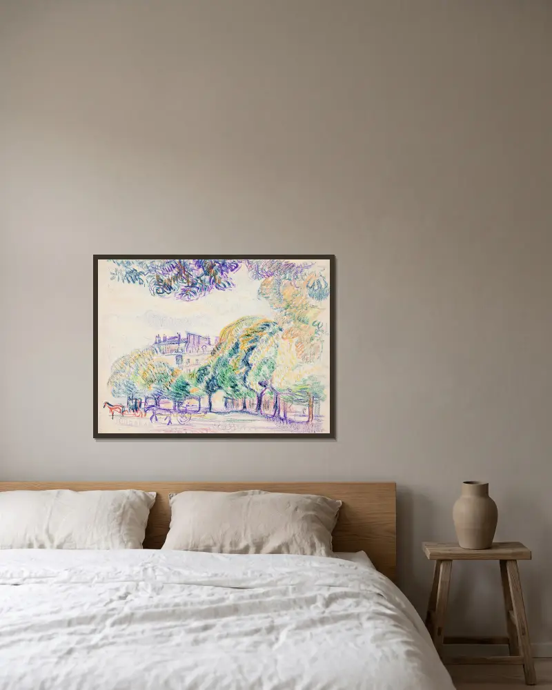Stadsvy, park, droskor av Magnus Enckell inramad på en vägg