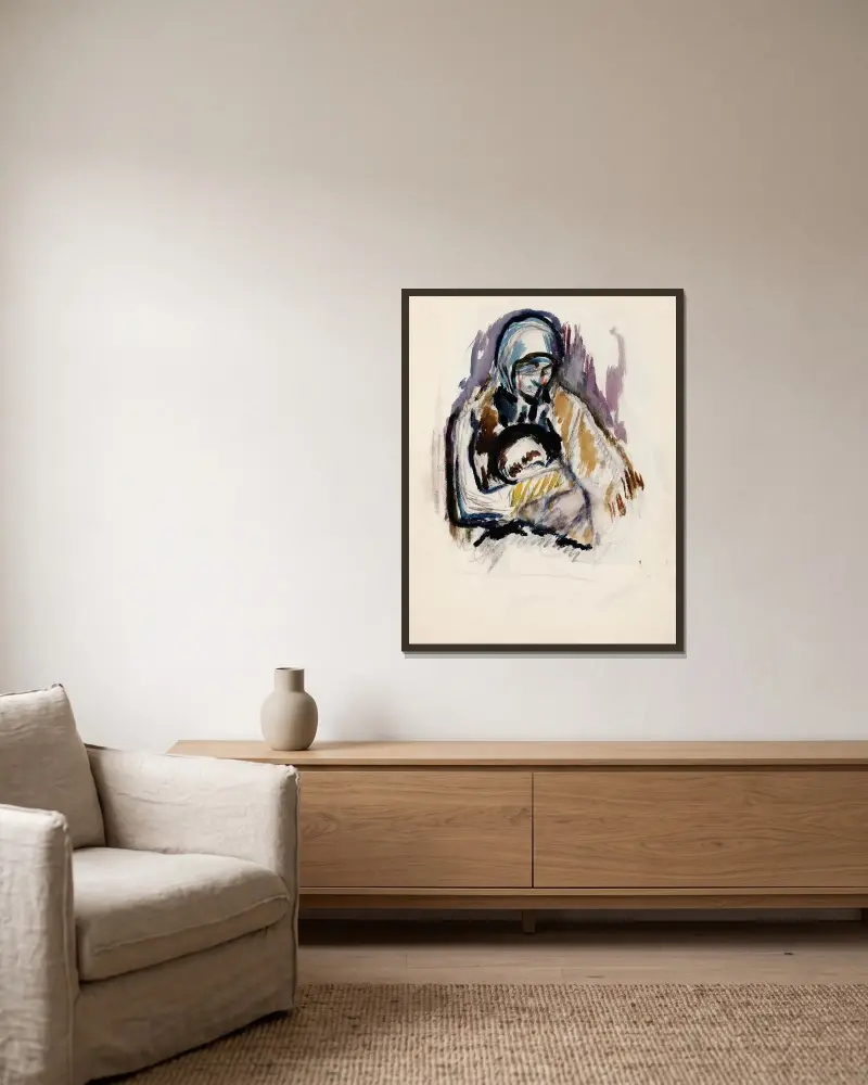 Förstudie till målningen Mor och barn (Pietà) av Magnus Enckell inramad på en vägg