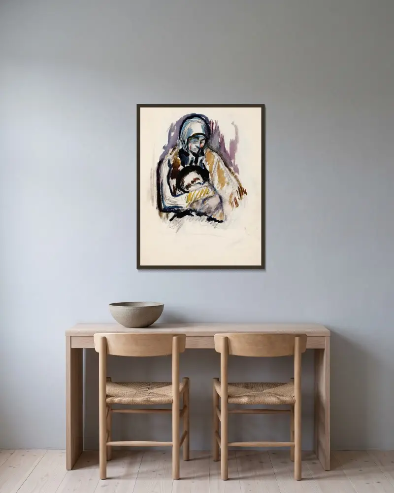 Förstudie till målningen Mor och barn (Pietà) av Magnus Enckell inramad på en vägg