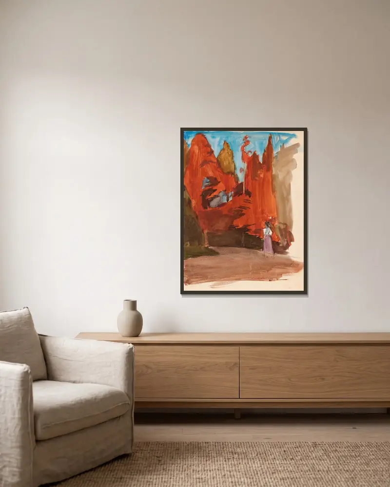 Maisema jossa nainen av Magnus Enckell inramad på en vägg