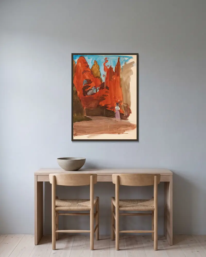 Maisema jossa nainen av Magnus Enckell inramad på en vägg