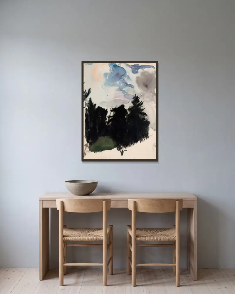 Maisema, mustia kuusia av Magnus Enckell inramad på en vägg