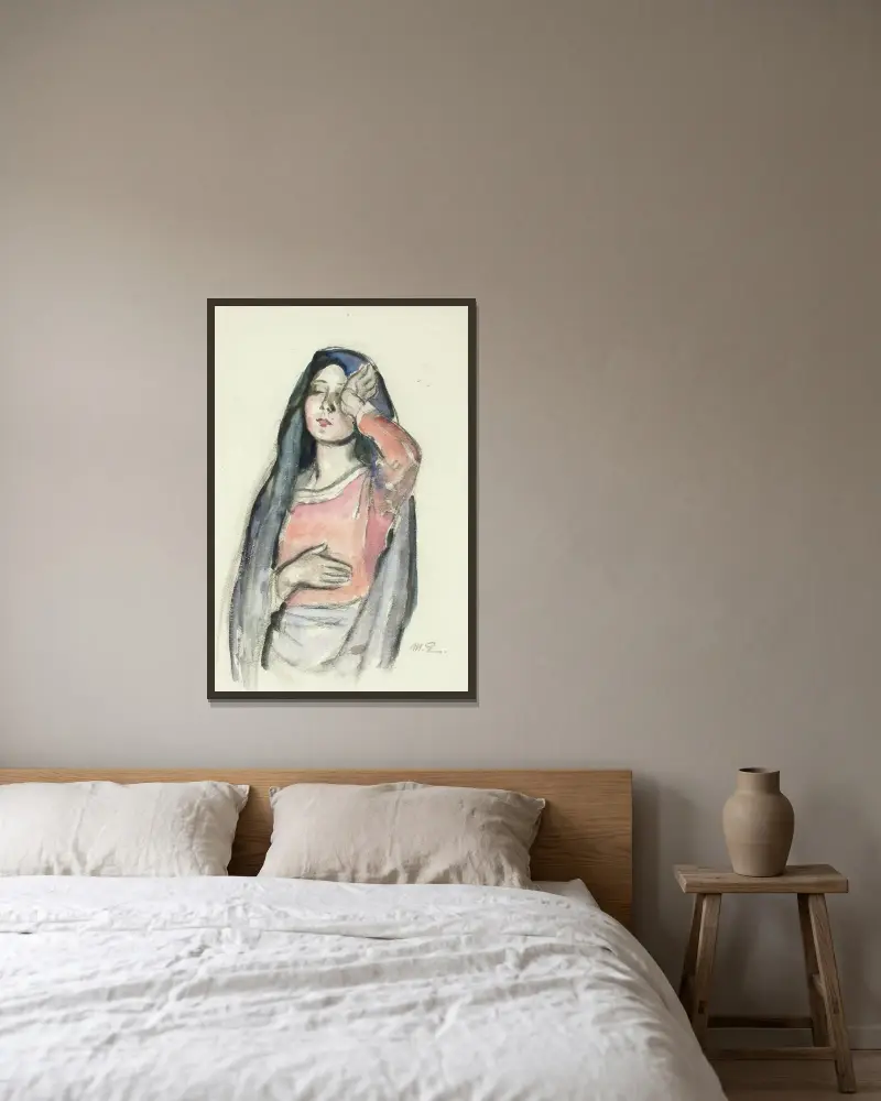 Maria, skica ke sklomalbě Ave Maria v kostele v Pori, Magnus Enckell v rámu na stěně