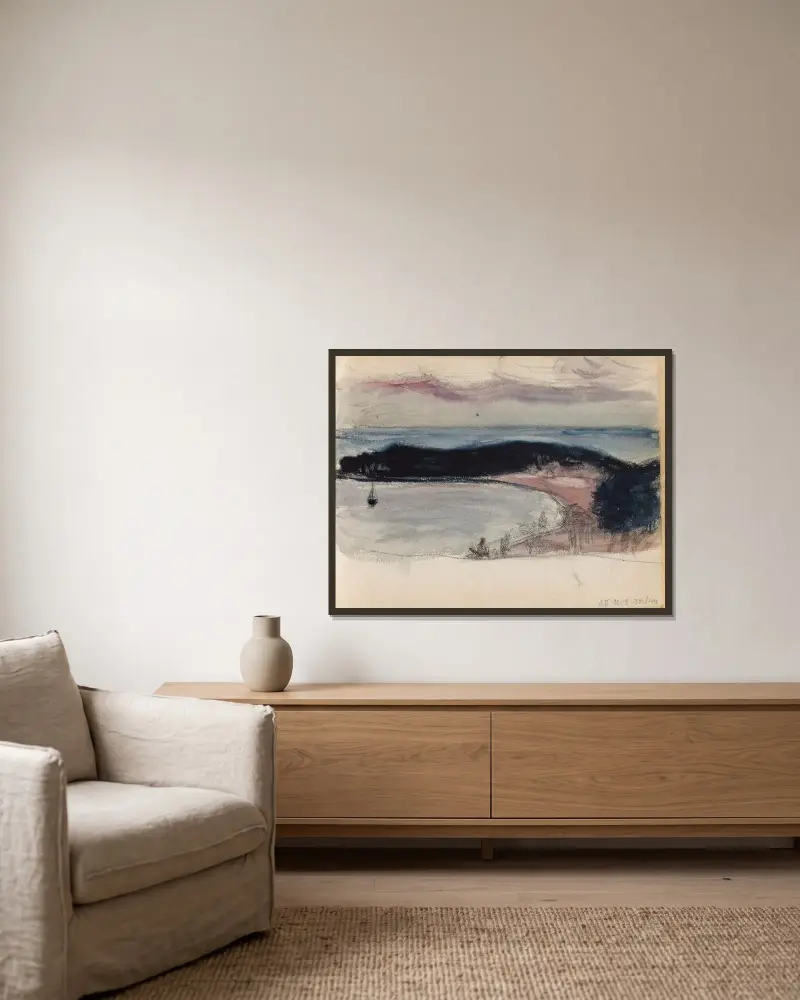 Seelandschaft mit Bucht, Skizze von Magnus Enckell gerahmt an einer Wand