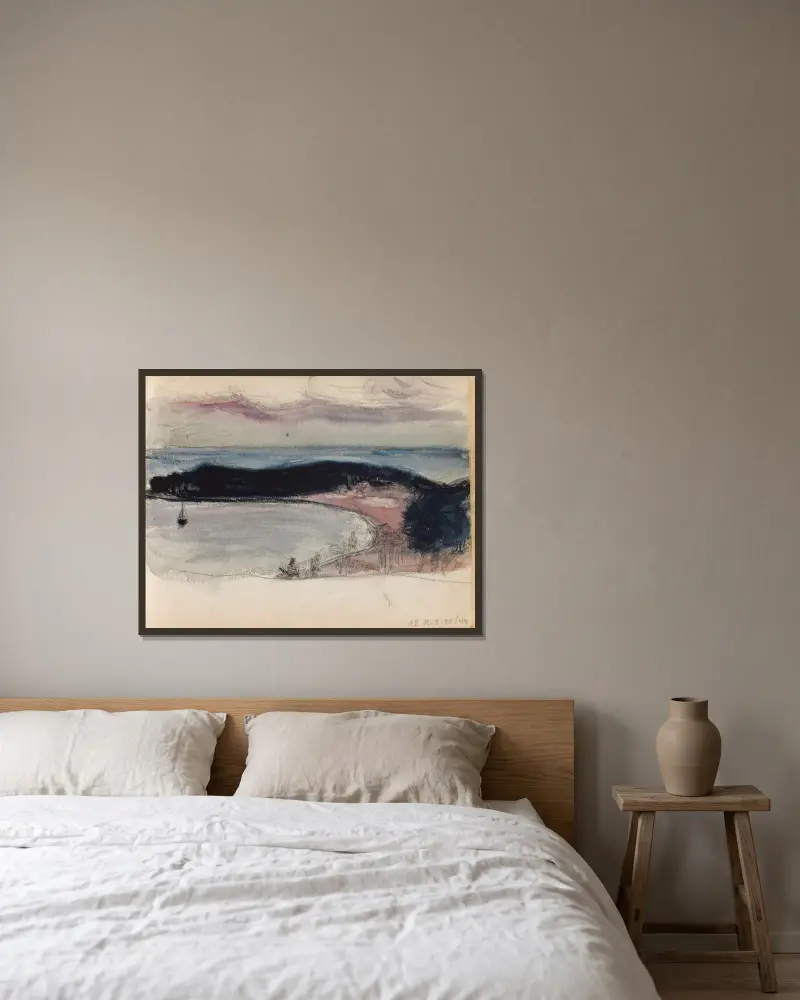 Seelandschaft mit Bucht, Skizze von Magnus Enckell gerahmt an einer Wand