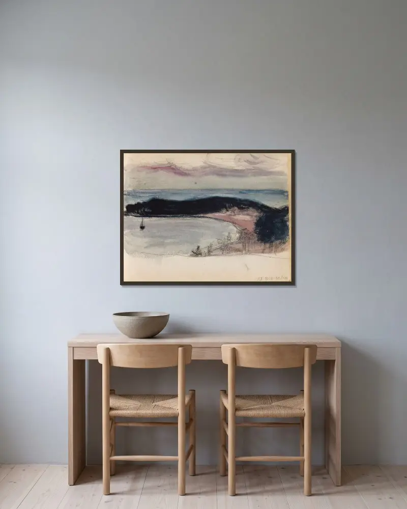 Seelandschaft mit Bucht, Skizze von Magnus Enckell gerahmt an einer Wand