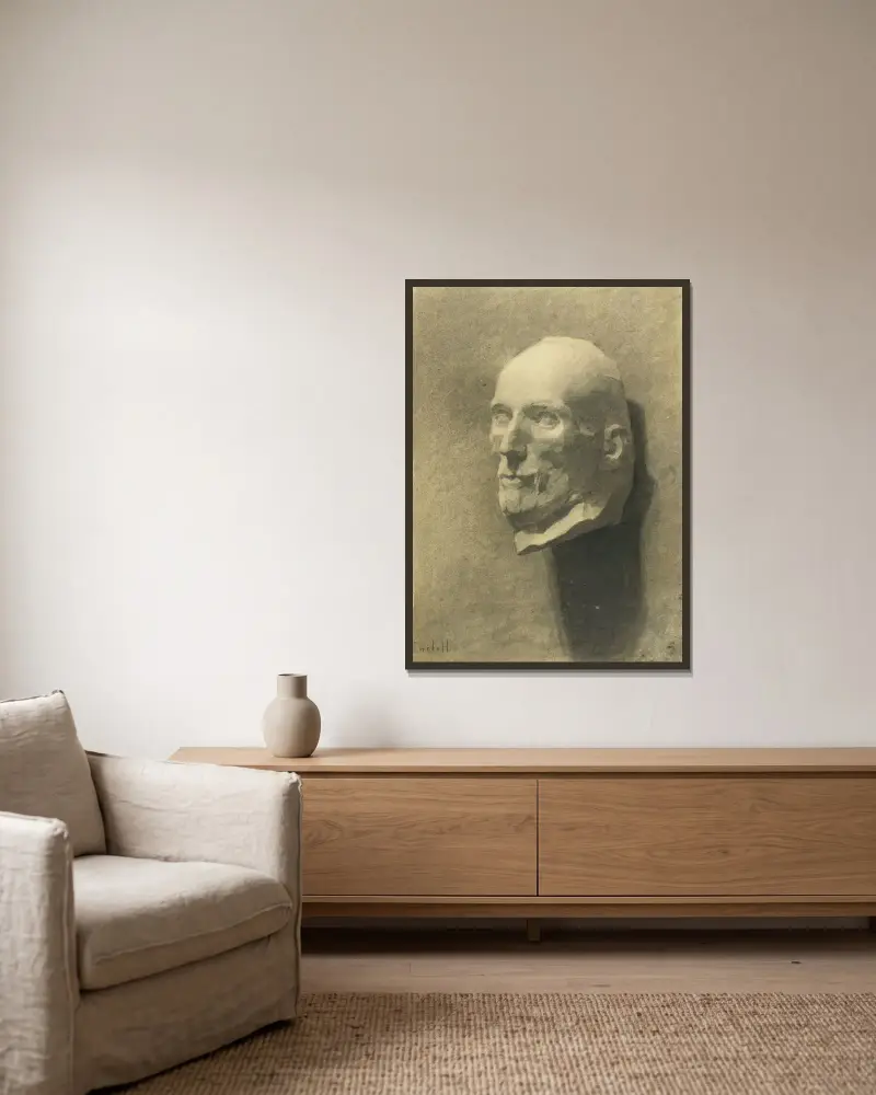 Manshuvud av Magnus Enckell inramad på en vägg