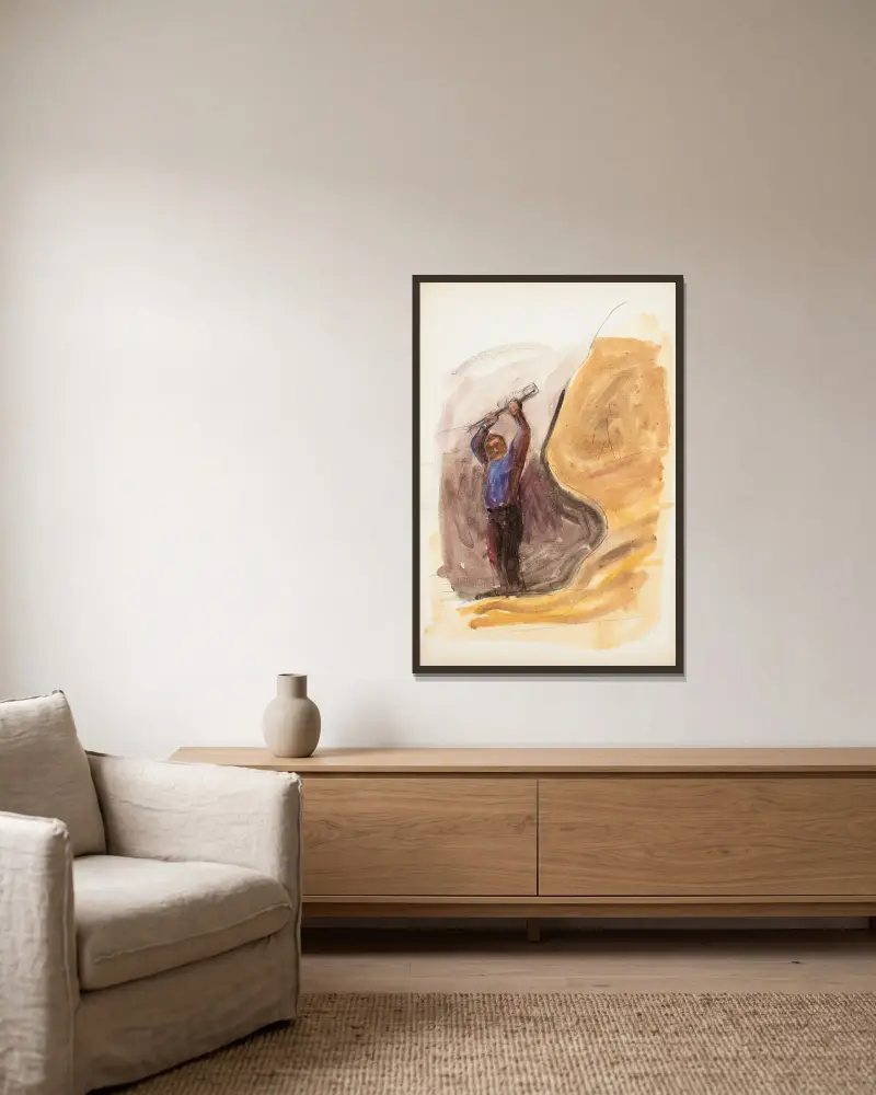 Mies ja tanko, luonnos av Magnus Enckell inramad på en vägg
