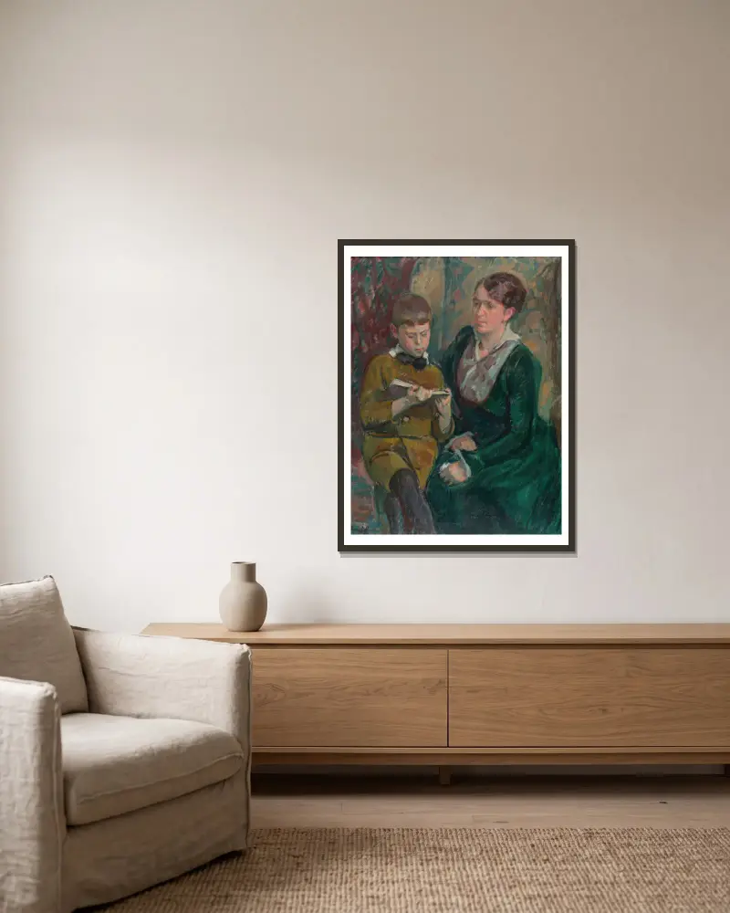 Mrs. Esther Cederhvarf with Her Son av Magnus Enckell inramad på en vägg