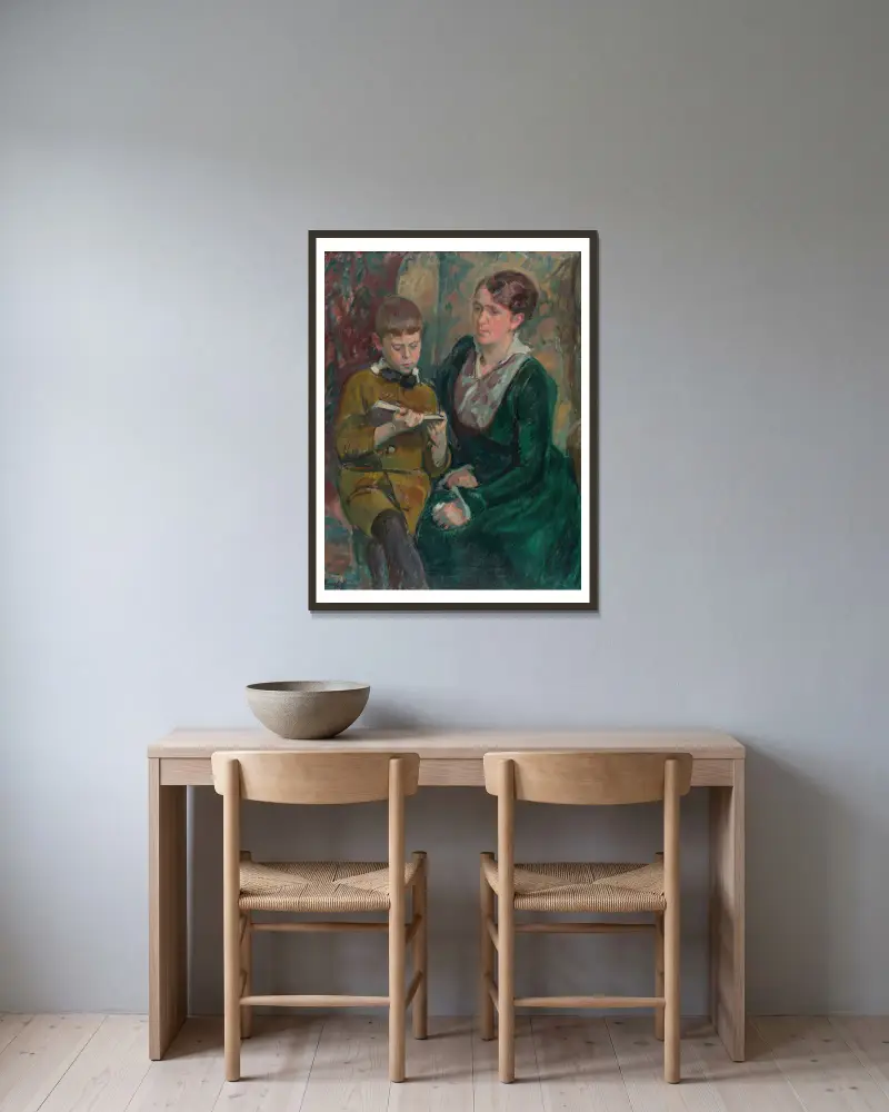 Mrs. Esther Cederhvarf with Her Son av Magnus Enckell inramad på en vägg