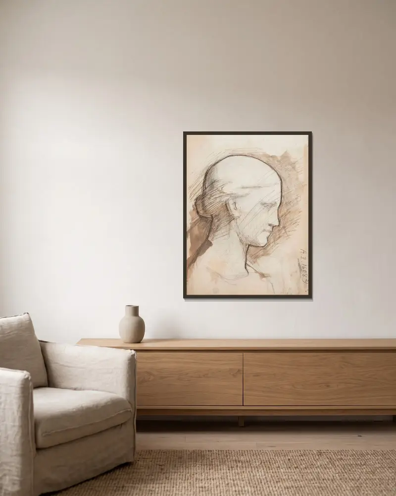 Kvinnohuvud, skiss av Magnus Enckell inramad på en vägg