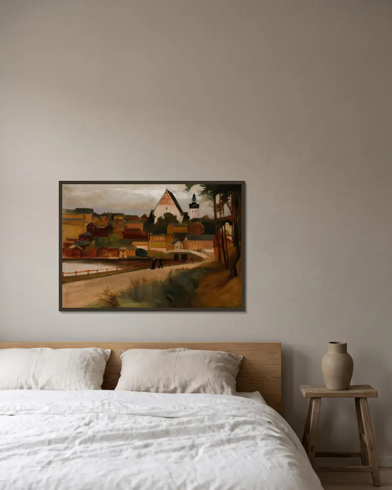 Näköala Porvoosta av Magnus Enckell inramad på en vägg
