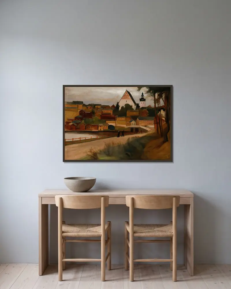 Näköala Porvoosta av Magnus Enckell inramad på en vägg