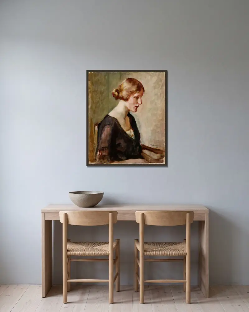 Porträtt av Miss Barbara Lagerborg av Magnus Enckell inramad på en vägg