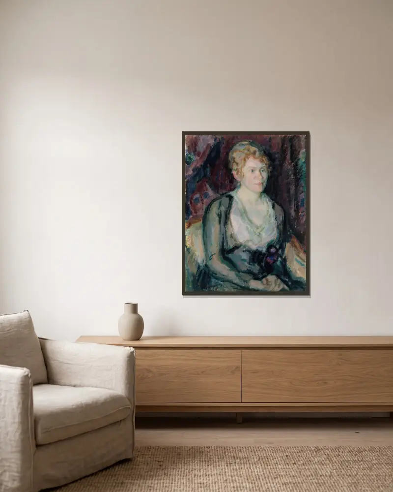 Porträtt av fru Agda Vilén av Magnus Enckell inramad på en vägg
