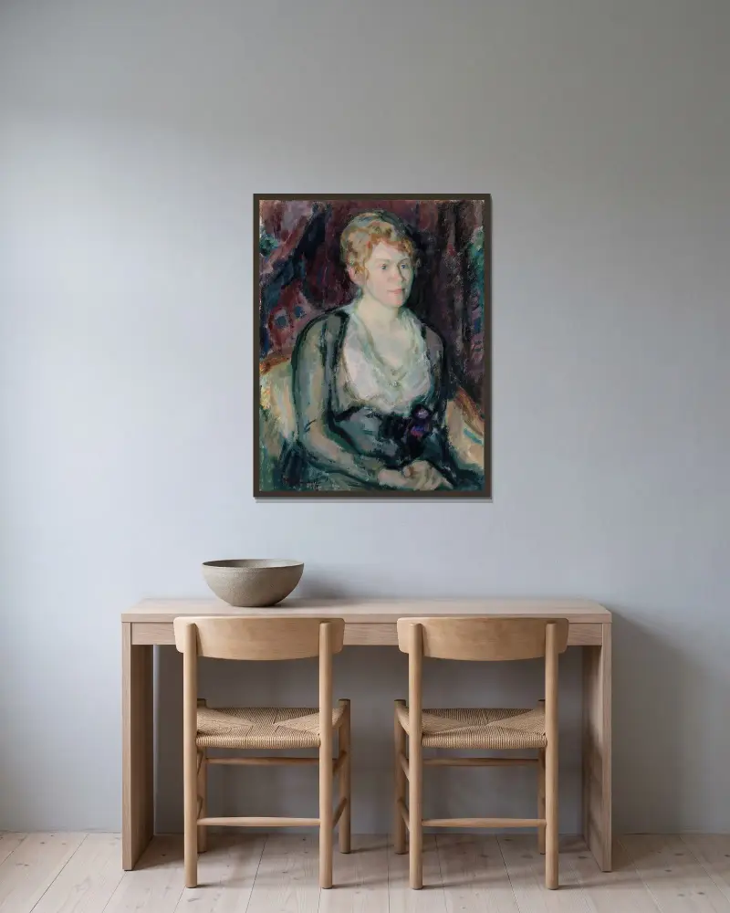 Porträtt av fru Agda Vilén av Magnus Enckell inramad på en vägg