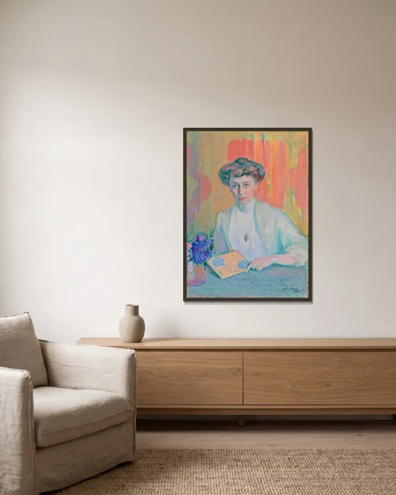 Porträtt av Tyra Hasselblatt av Magnus Enckell inramad på en vägg