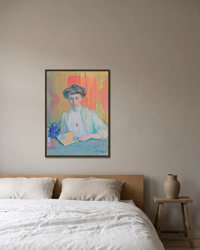 Porträtt av Tyra Hasselblatt av Magnus Enckell inramad på en vägg