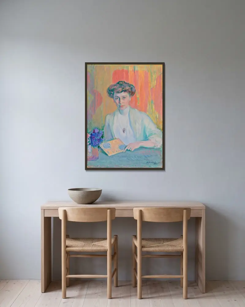 Porträtt av Tyra Hasselblatt av Magnus Enckell inramad på en vägg