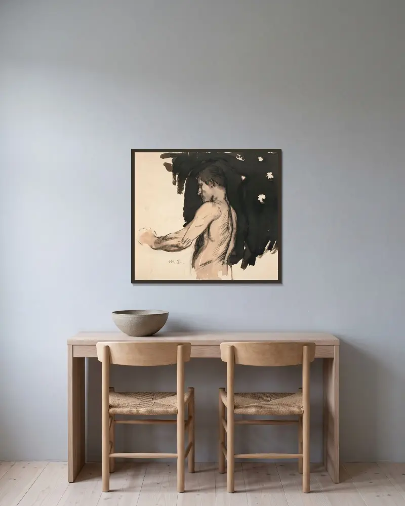 Studie, halvfigur av naken man av Magnus Enckell inramad på en vägg