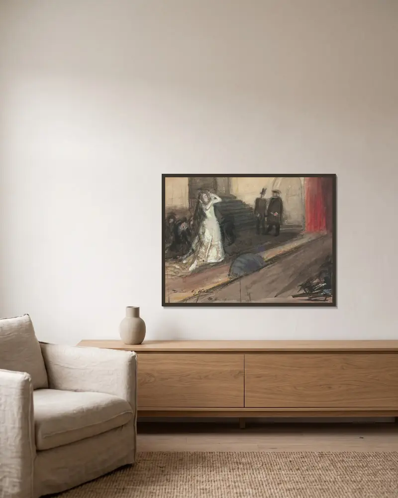 Theaterszene (Ida Aalberg als Maria Stuart) von Magnus Enckell gerahmt an einer Wand