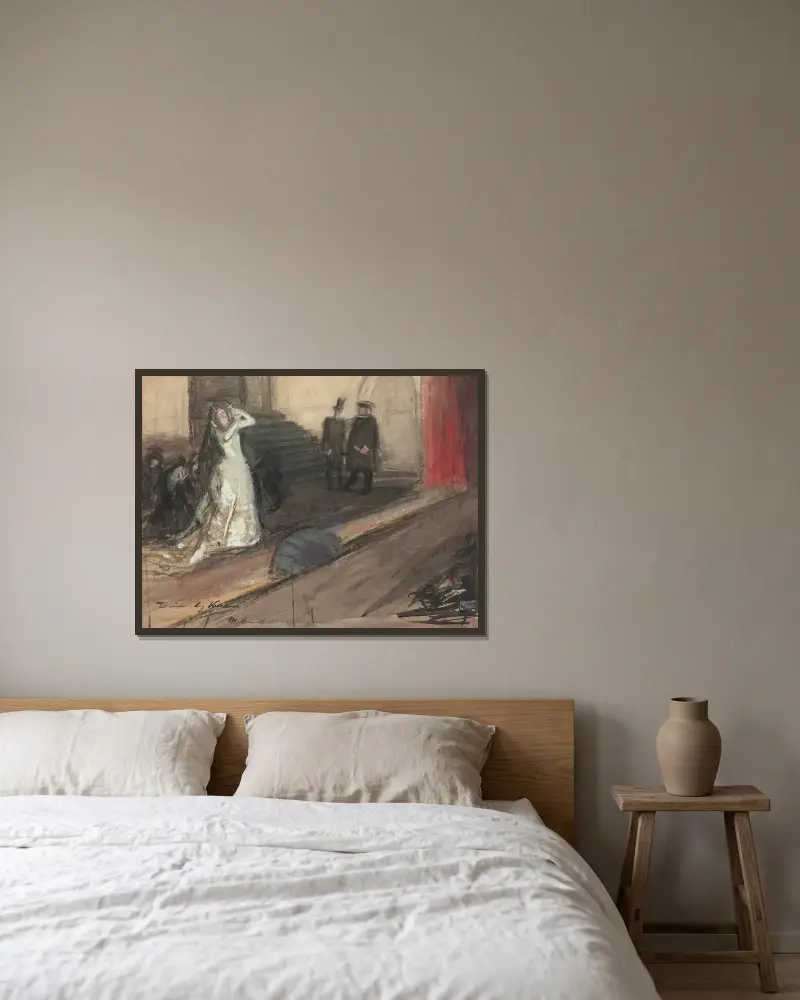 Theaterszene (Ida Aalberg als Maria Stuart) von Magnus Enckell gerahmt an einer Wand