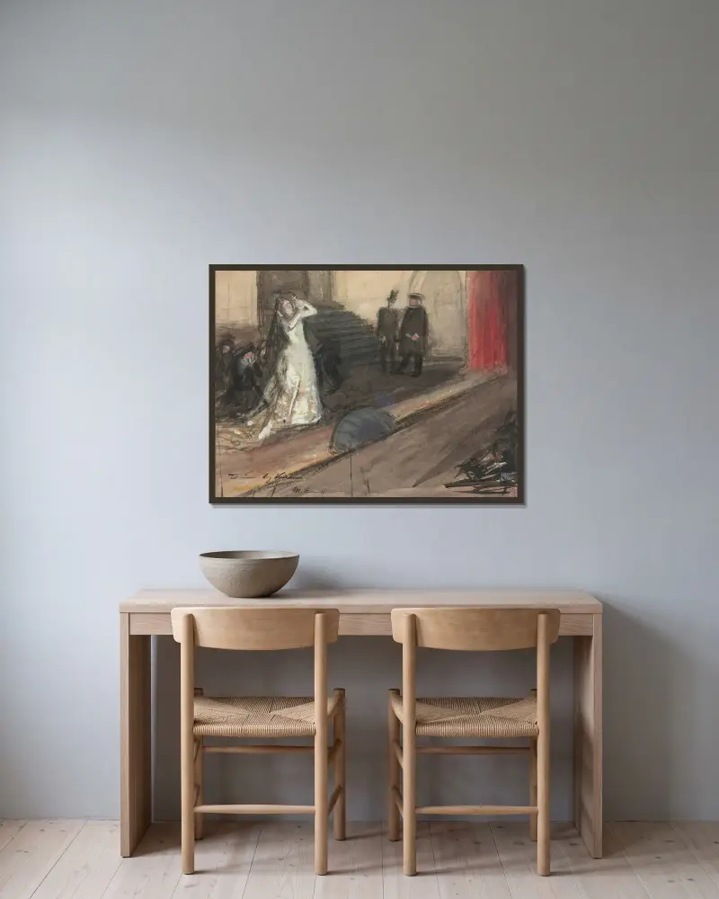 Theaterszene (Ida Aalberg als Maria Stuart) von Magnus Enckell gerahmt an einer Wand