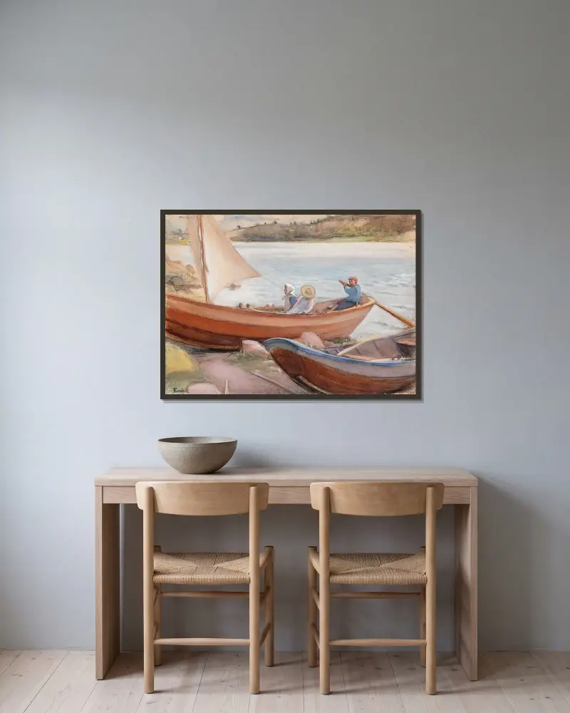 Båtar på stranden av Magnus Enckell inramad på en vägg