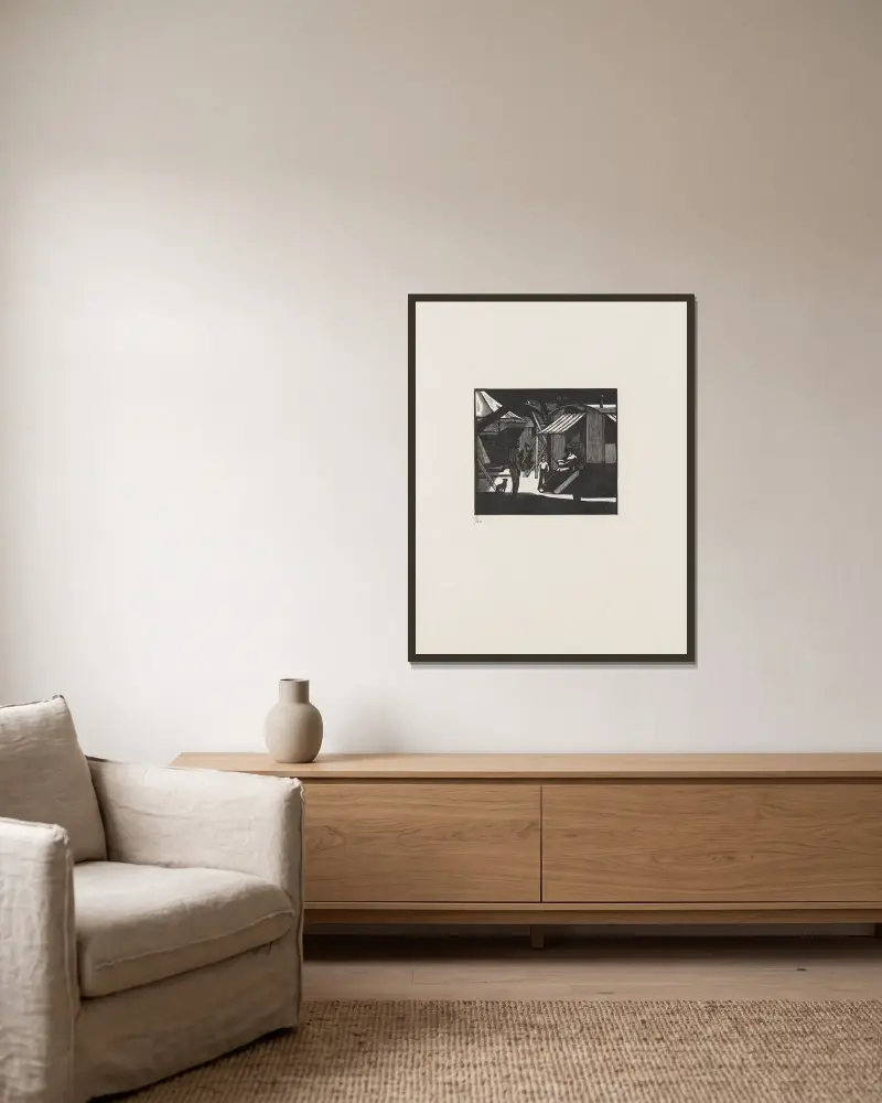 Baraque au chat von Marc Gonthier gerahmt an einer Wand