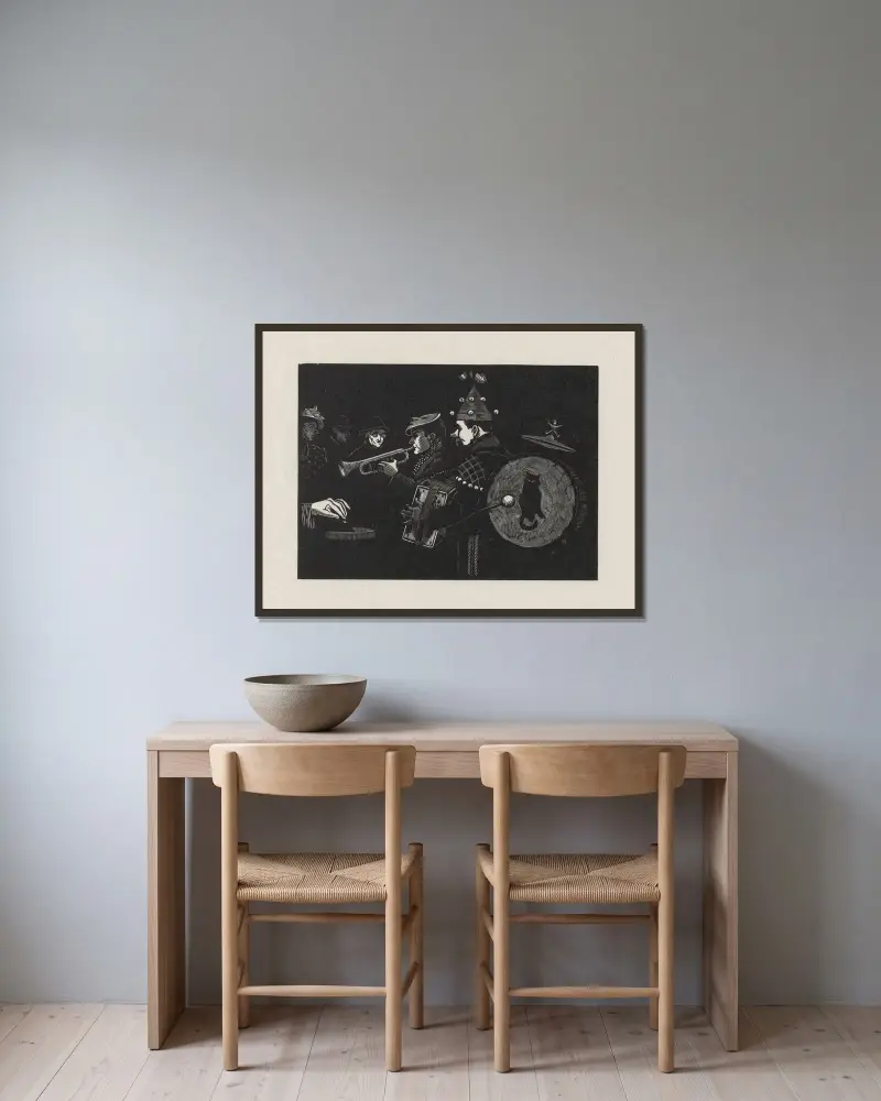 Musiciens (au chat et au chapeau chinois) von Marc Gonthier gerahmt an einer Wand