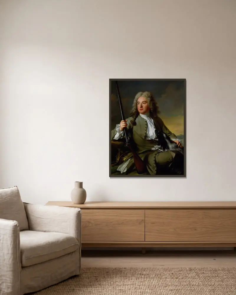 Porträtt av en gentleman som jägare av Jean-Marc Nattier inramad på en vägg