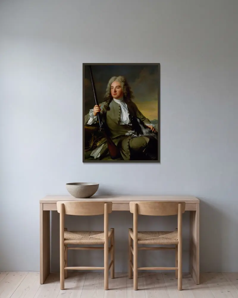 Porträtt av en gentleman som jägare av Jean-Marc Nattier inramad på en vägg