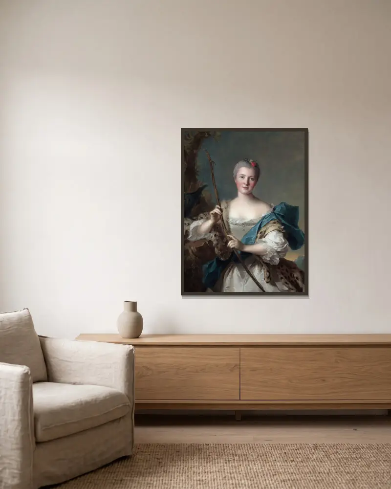 Portrait of a Woman as Diana av Jean-Marc Nattier inramad på en vägg