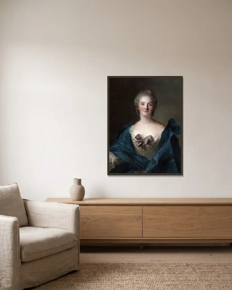 Porträtt av en kvinna, 1748 av Jean-Marc Nattier inramad på en vägg