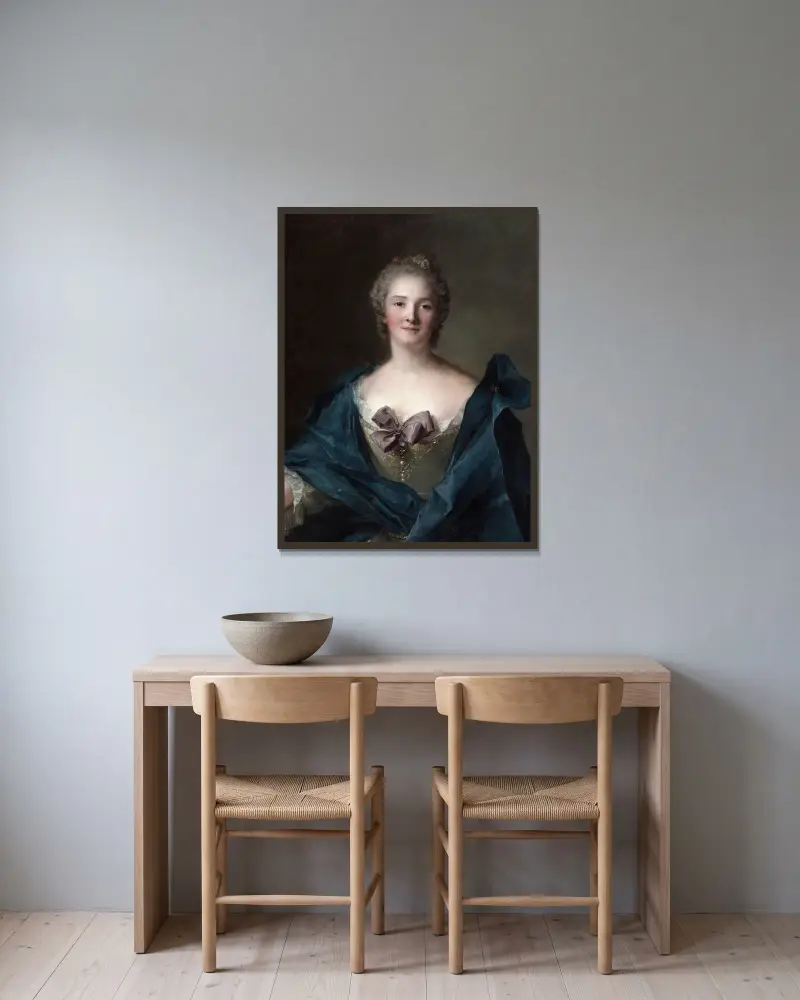 Porträtt av en kvinna, 1748 av Jean-Marc Nattier inramad på en vägg