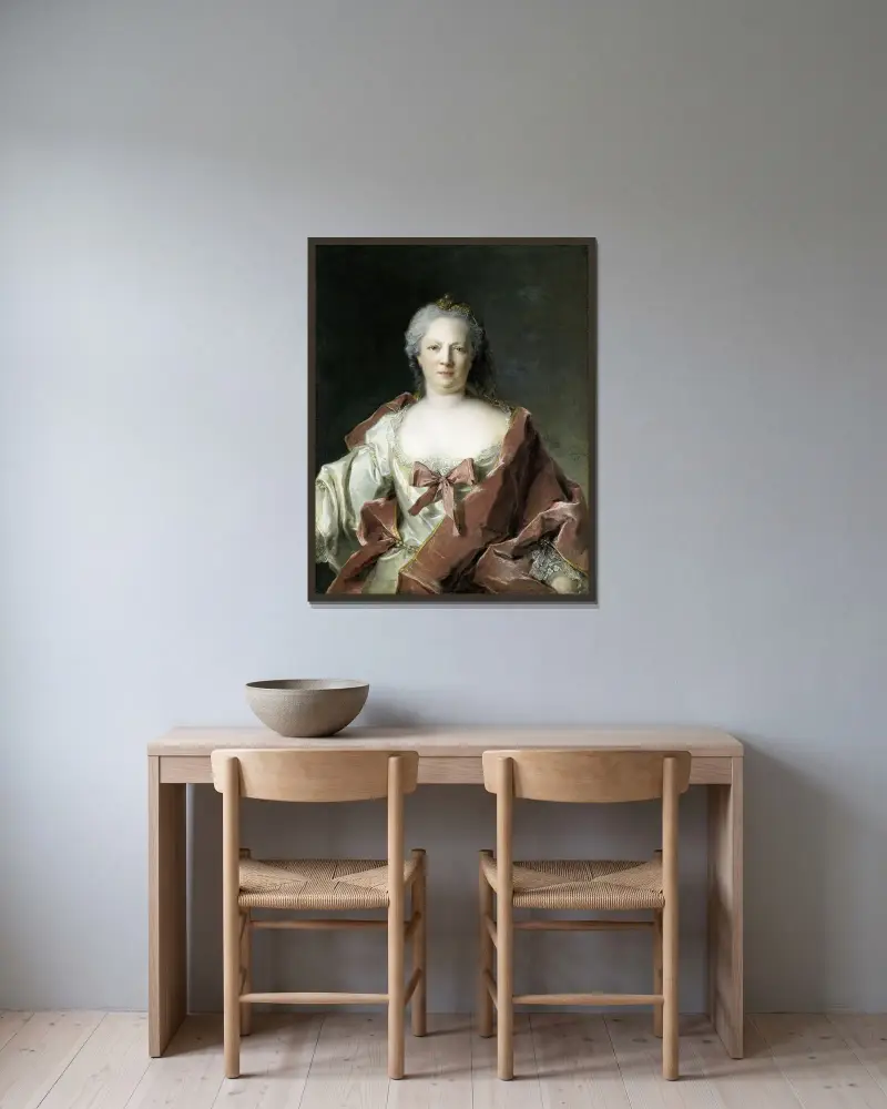 Porträtt av Anna Elisabeth Leerse av Jean-Marc Nattier inramad på en vägg