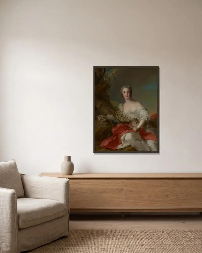 Portrait of Constance-Gabrielle-Magdeleine Bonnier de la Mosson as Diana av Jean-Marc Nattier inramad på en vägg