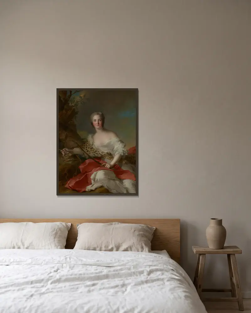 Portrait of Constance-Gabrielle-Magdeleine Bonnier de la Mosson as Diana av Jean-Marc Nattier inramad på en vägg