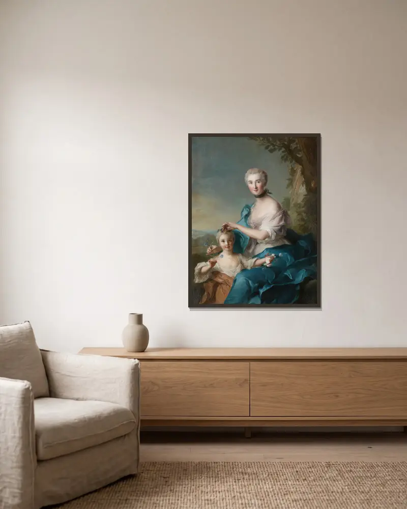 Porträt der Madame Crozat de Thiers und ihrer Tochter von Jean-Marc Nattier gerahmt an einer Wand