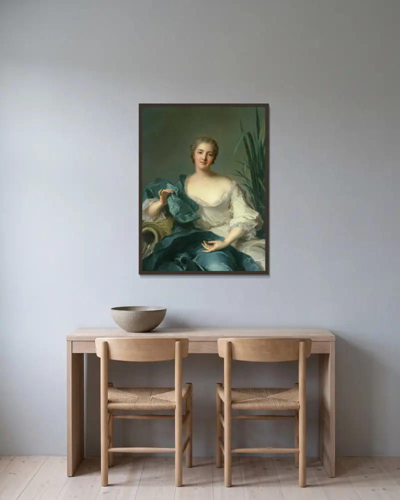 Portrait of Madame Marie-Henriette Berthelot de Pléneuf av Jean-Marc Nattier inramad på en vägg