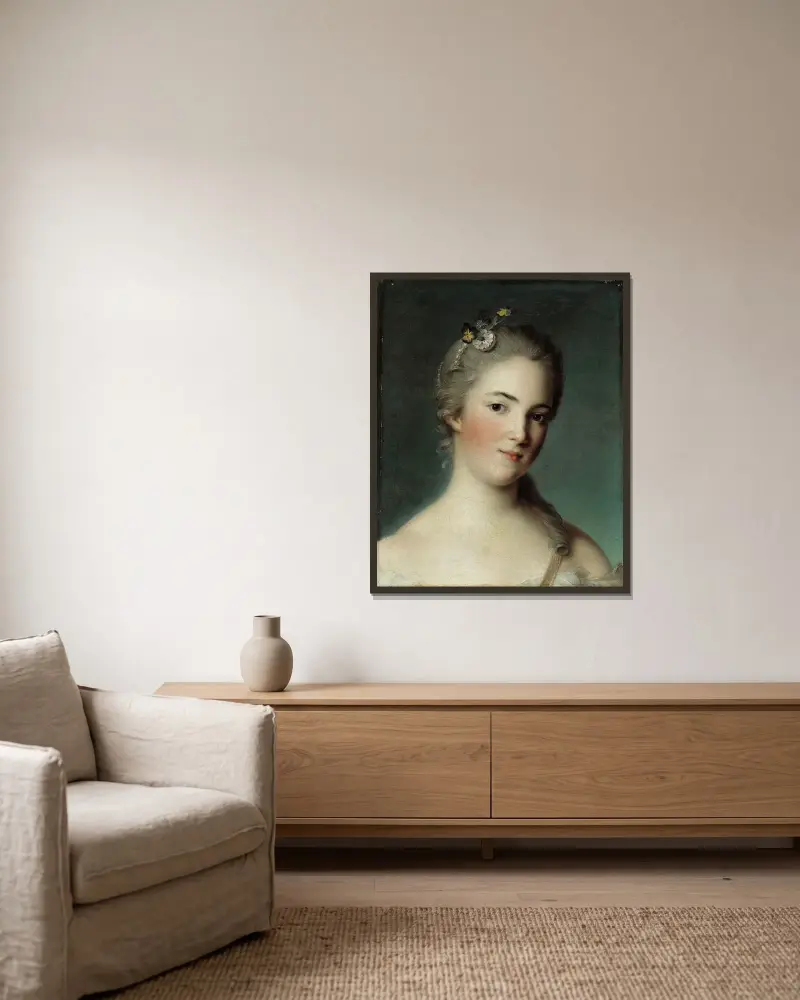 Porträtt av Marie-Geneviève Boudrey av Jean-Marc Nattier inramad på en vägg