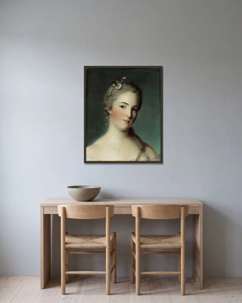 Porträtt av Marie-Geneviève Boudrey av Jean-Marc Nattier inramad på en vägg