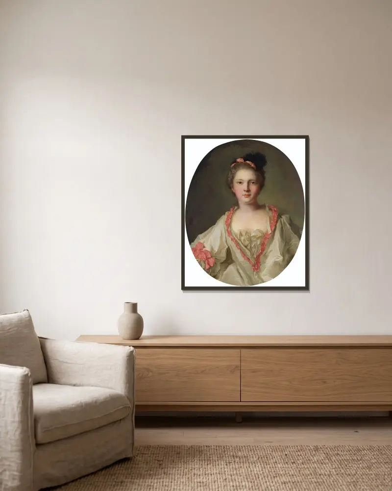 Porträt von Marie-Thérèse Geoffrin (1715–1791), Marquise de la Ferté-Imbault von Jean-Marc Nattier gerahmt an einer Wand