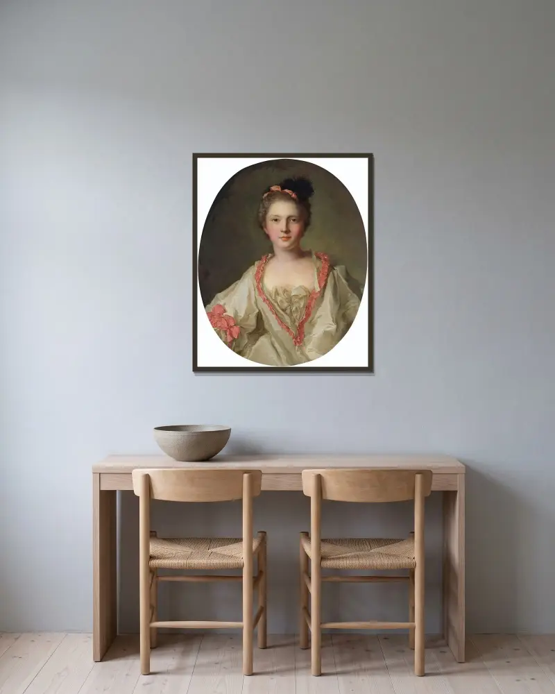 Porträt von Marie-Thérèse Geoffrin (1715–1791), Marquise de la Ferté-Imbault von Jean-Marc Nattier gerahmt an einer Wand