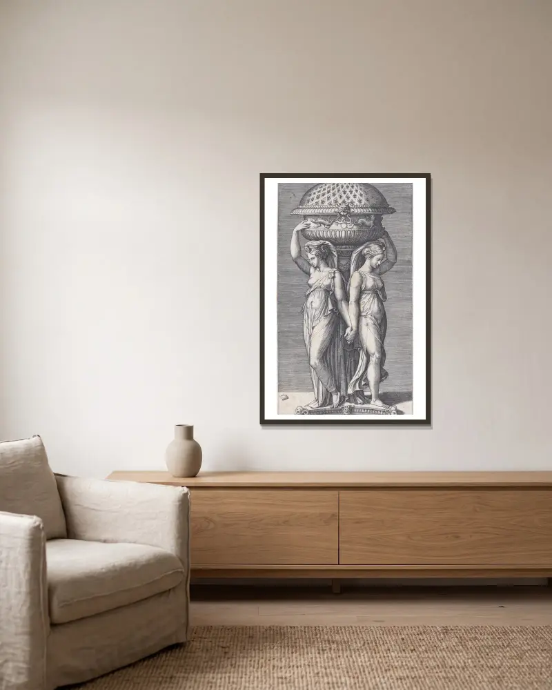 Ein Weihrauchgefäß von Marcantonio Raimondi gerahmt an einer Wand