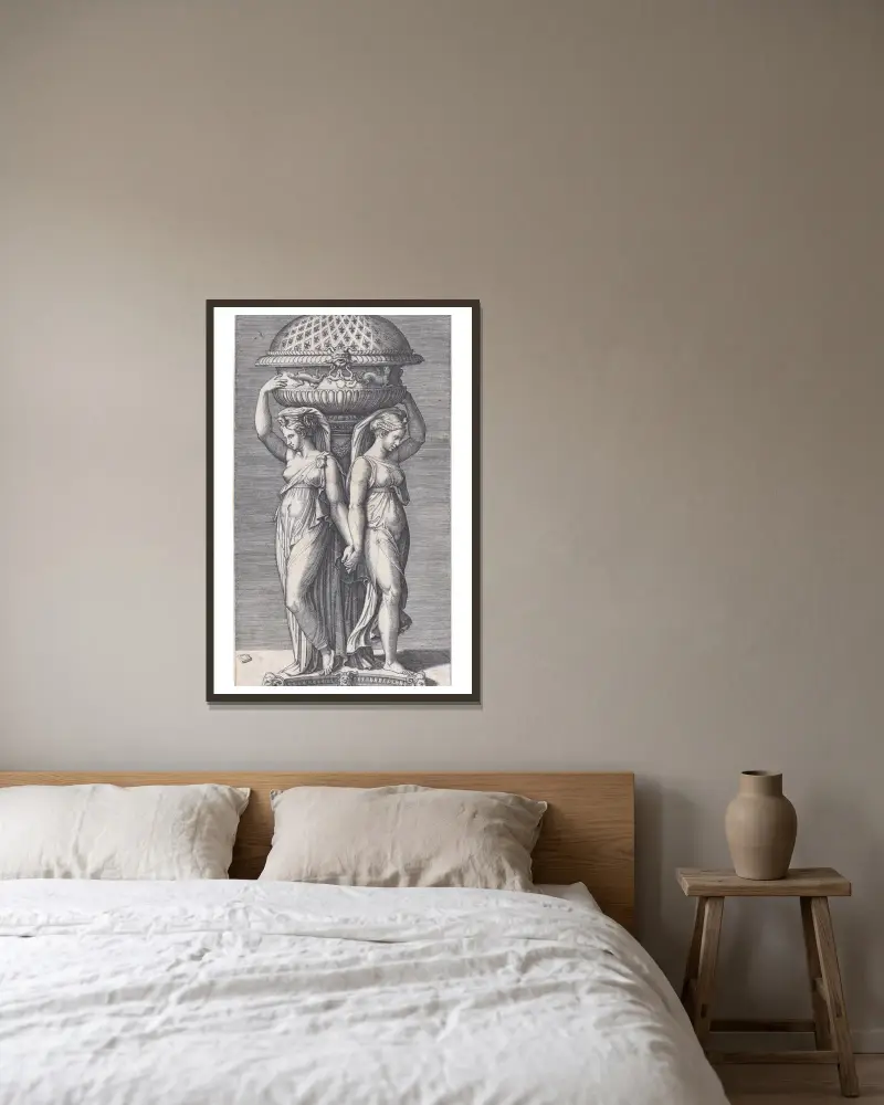 Ein Weihrauchgefäß von Marcantonio Raimondi gerahmt an einer Wand