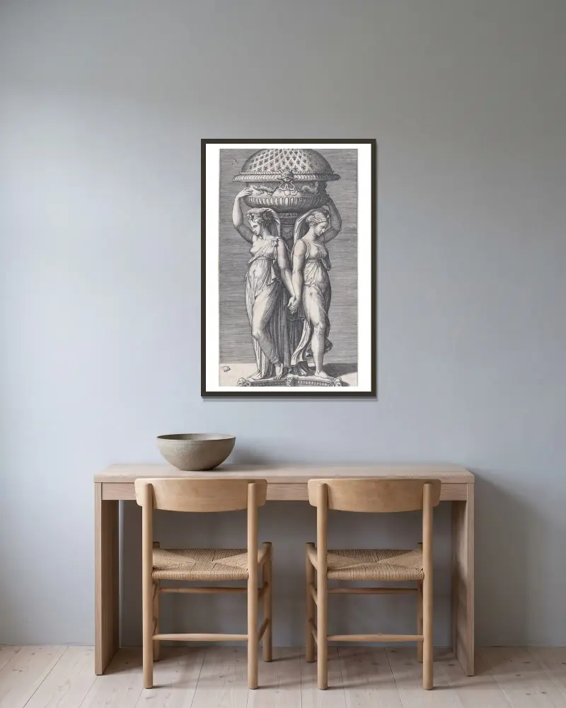 Ein Weihrauchgefäß von Marcantonio Raimondi gerahmt an einer Wand