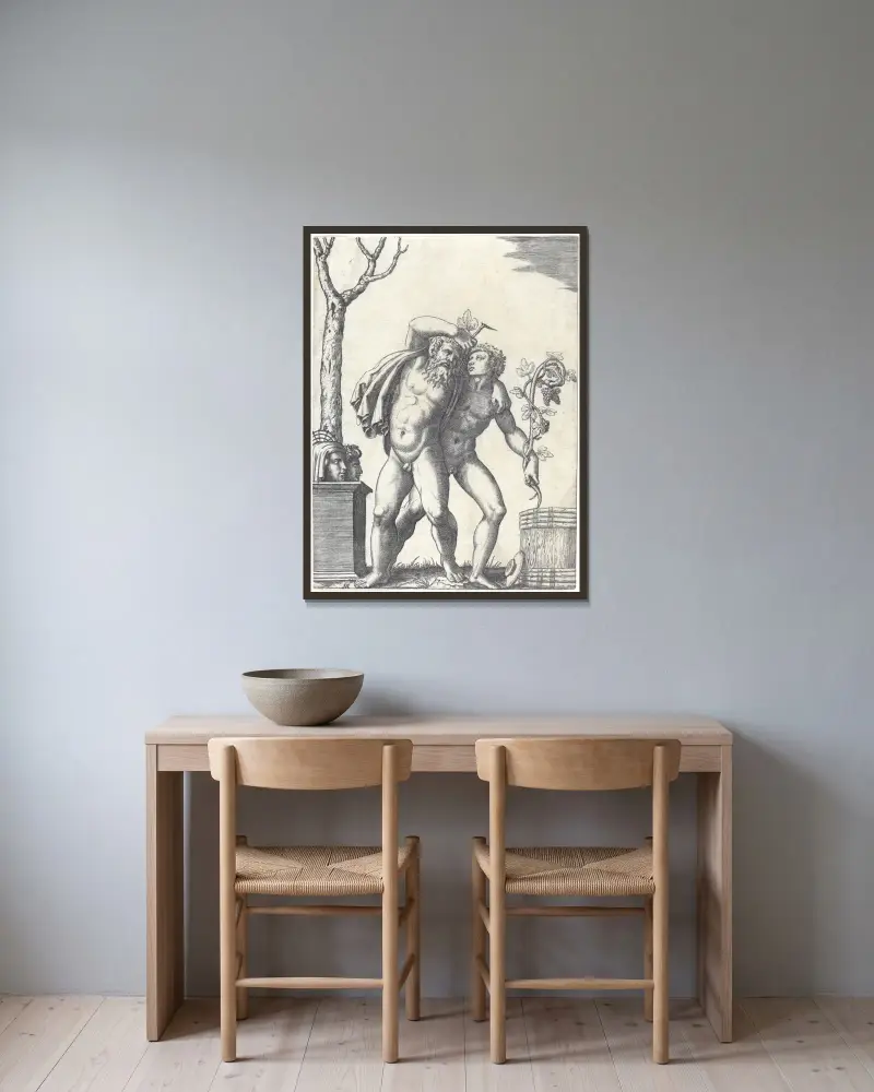 A Young and an Old Bacchant av Marcantonio Raimondi inramad på en vägg
