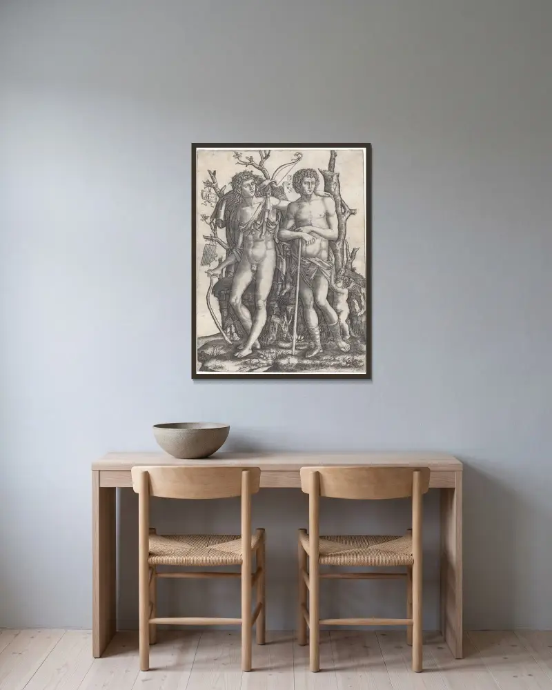 Apollo and Hyacinthus av Marcantonio Raimondi inramad på en vägg