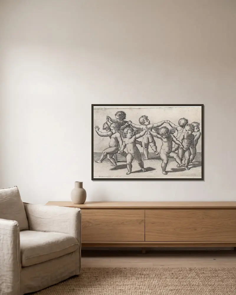 Dance of Cupids av Marcantonio Raimondi inramad på en vägg